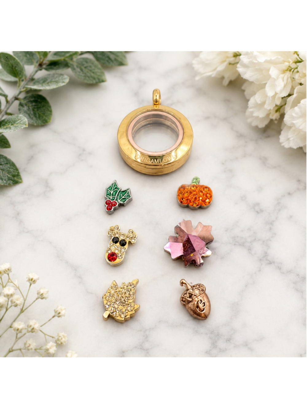 Origami Owl Gold Tone Living Locket with Seasonal Charms for Fall and Winter